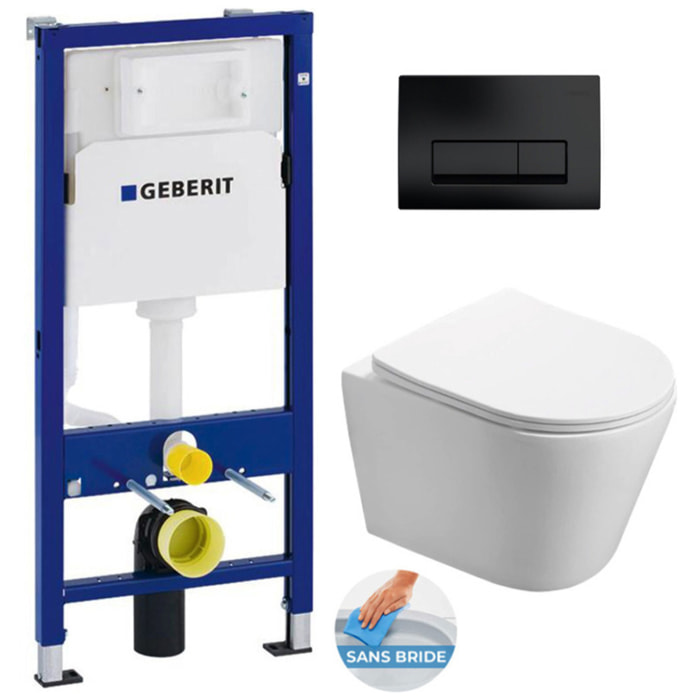 Pack WC Bati-support Geberit + WC Swiss Aqua Technologies Infinitio sans bride + plaque Delta 50 noir mat