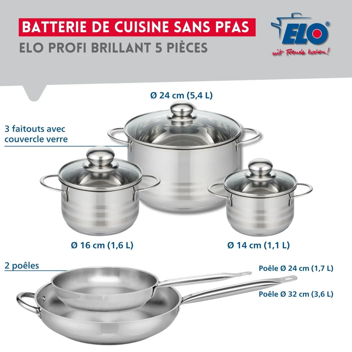 Ensemble de 2 Poêles de cuisson 24 et 32 cm et 3 faitouts 14, 16 et 24 cm Elo Profi Brillant