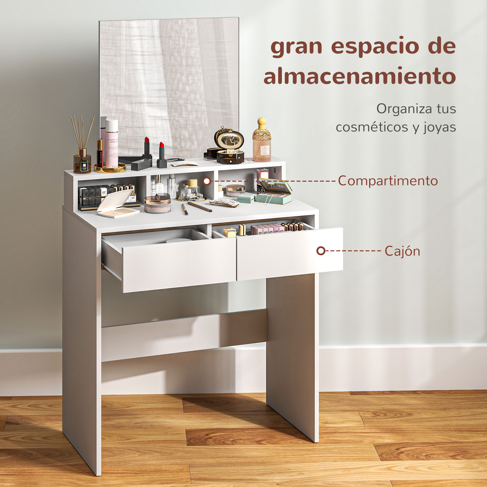 Tocador de Maquillaje con Espejo Mesa de Maquillaje con 2 Cajones 3 Compartimentos Tocador para Dormitorio 75x38x135 cm Blanco