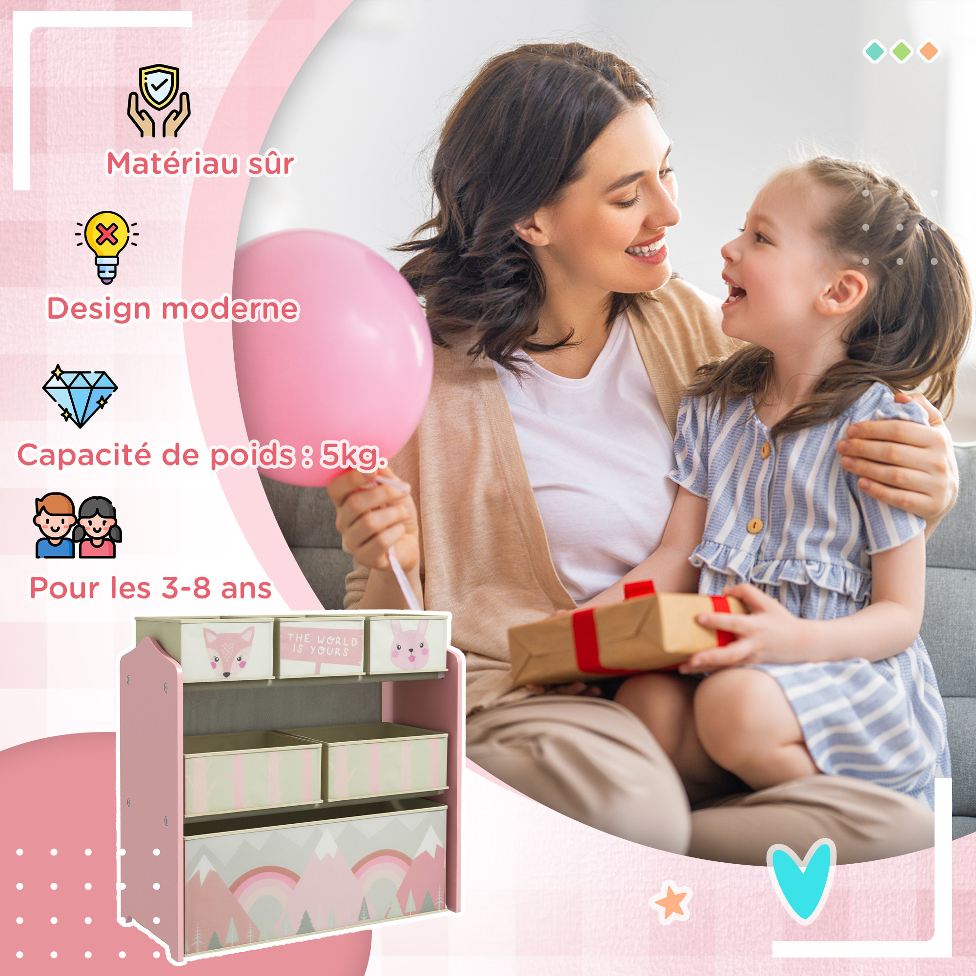 Étagère de rangement enfant design mountain adventure - 6 tiroirs - MDF tissu non tissé - rose