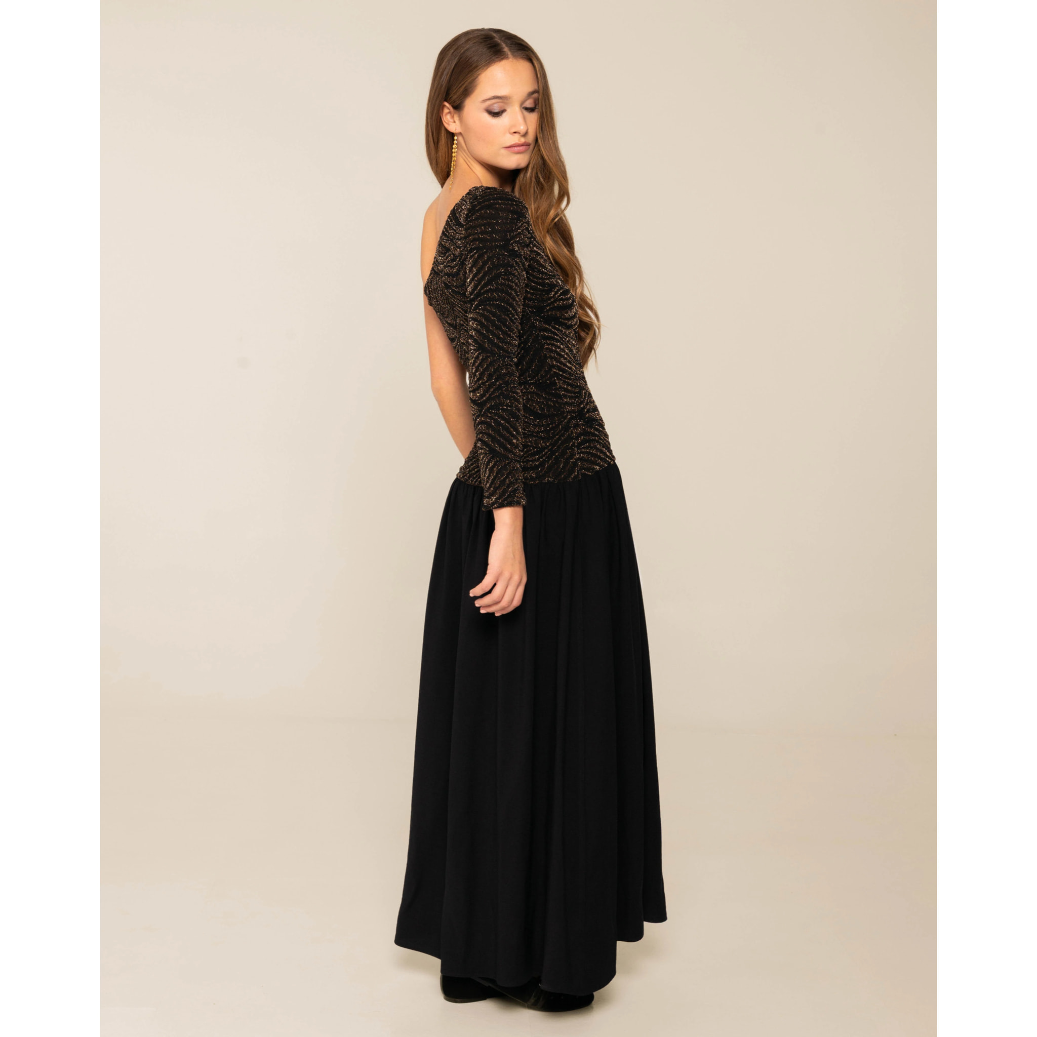 Vestido midi con cuerpo de punto brillante y falda de tafetán de mujer