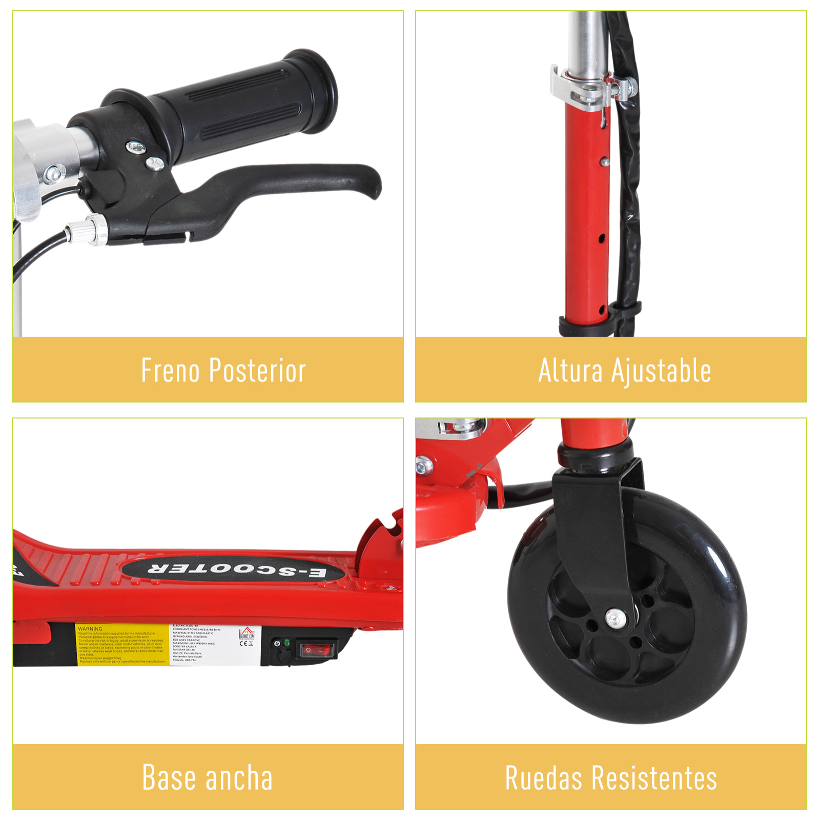 Patinete Eléctrico Plegable Acero PP 74x36x73-91cm Rojo