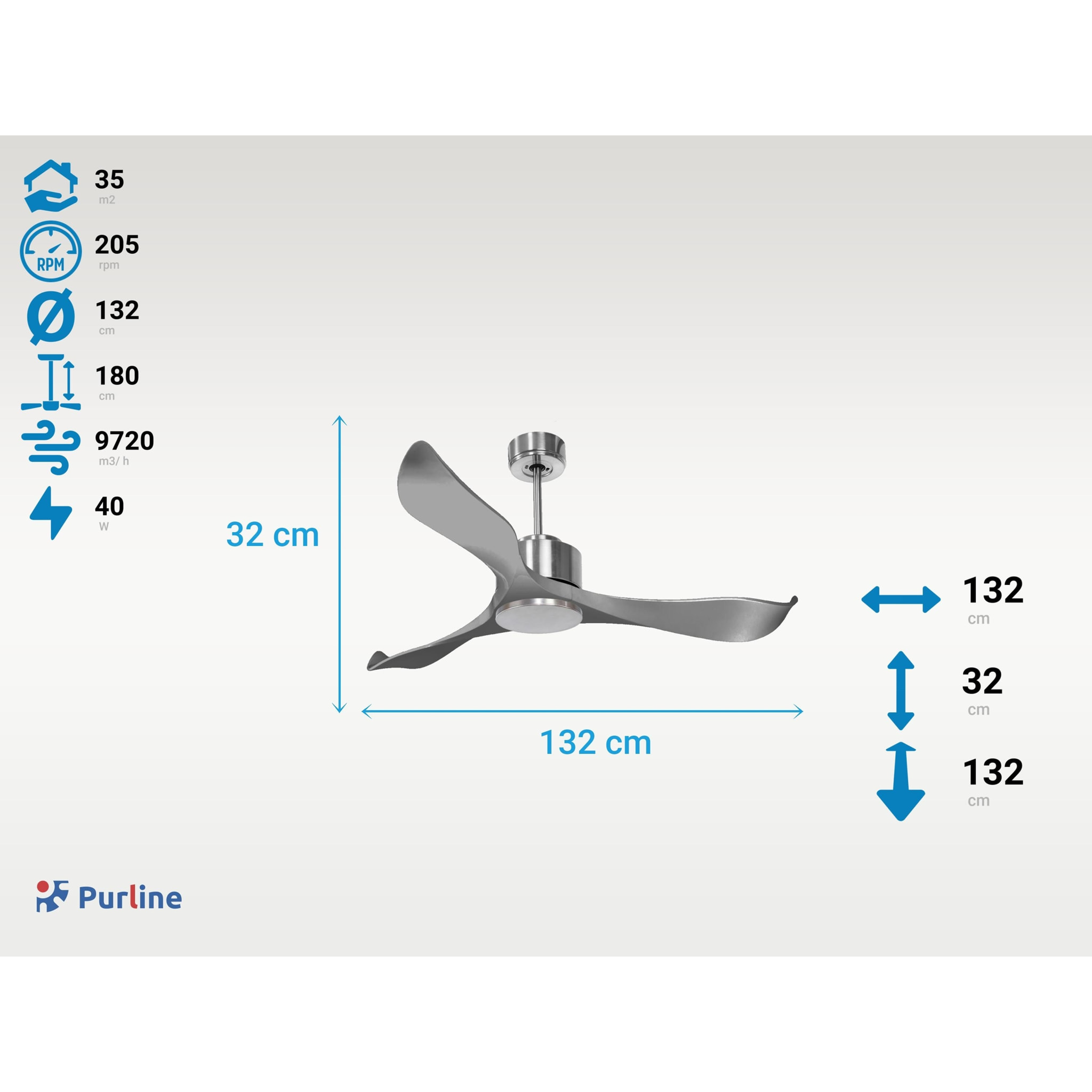 Ventilateur de plafond ø132 cm avec Wifi Réversible Hypersilence 40   W argent
