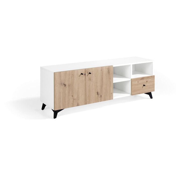 Mueble TV HANOVER - 2 puertas, 3 huecos y 1 cajón - roble y blanco polar - 140x40x50cm