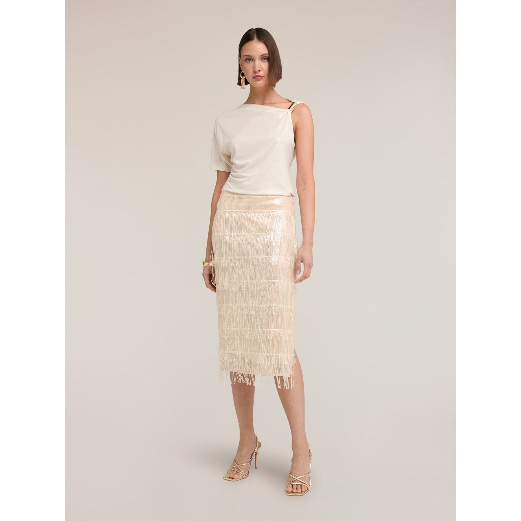 Motivi - Gonna tubino in tulle con frange - Beige