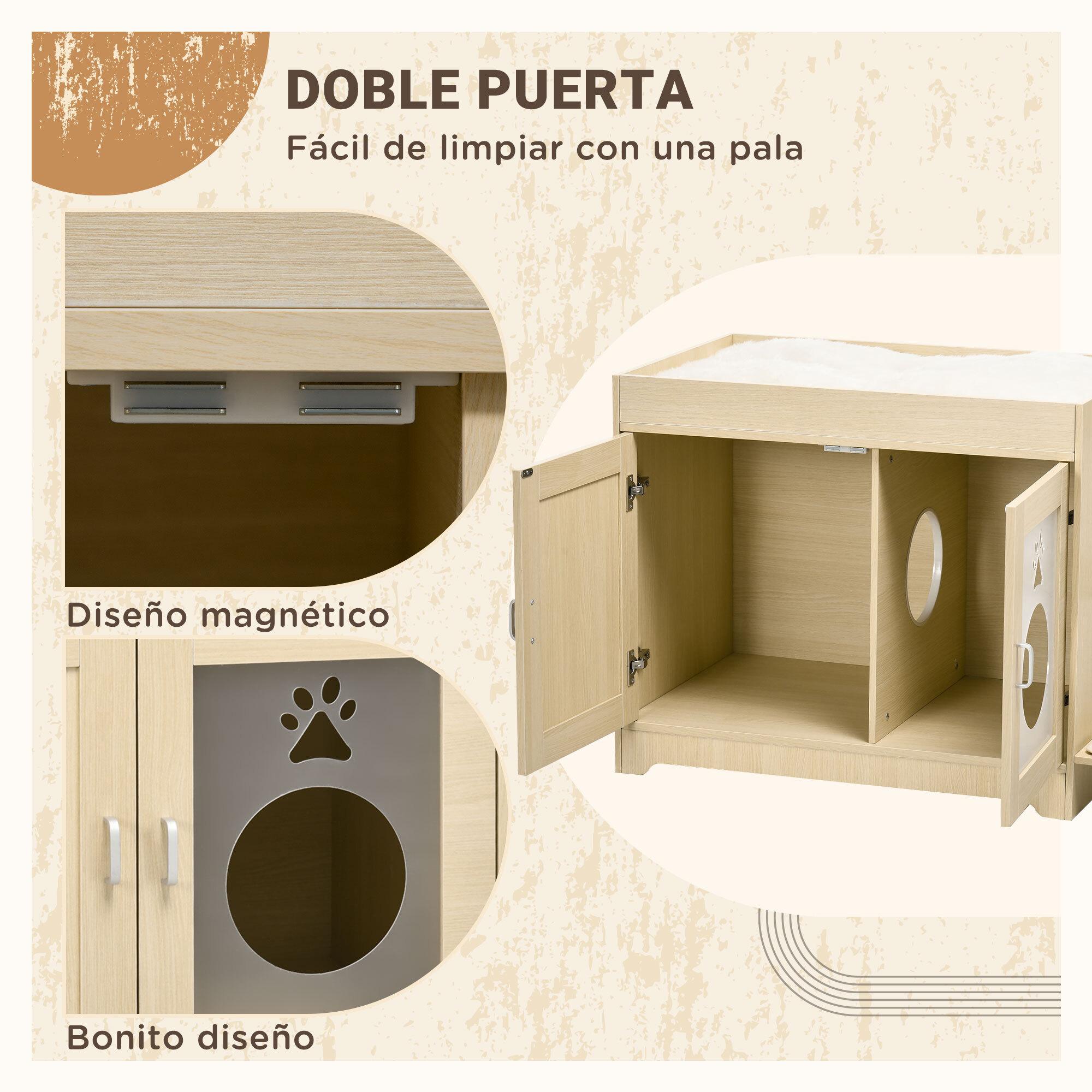 Arenero para Gatos de Madera con 2 Puertas Cama Cojín Suave 107x54x70 cm