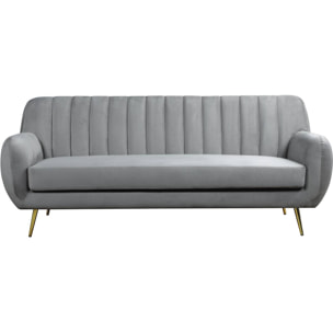 Canapé fixe en velours "Evans" - 195 x 84 x 82 cm - 3 places - Gris