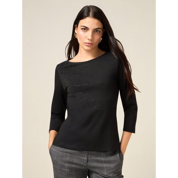 Oltre - T-shirt in cotone con applicazioni - Nero
