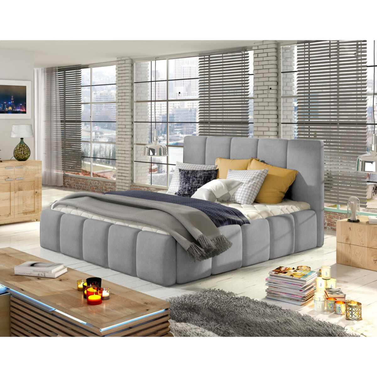 Lucea - lit coffre - 140x200 - sommier inclus - en velours - Gris clair
