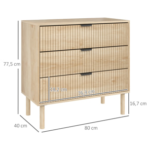 Cómoda con 3 Cajones Cómoda de Dormitorio Estilo Nórdico con Sistema Anti-vuelco Frentes con Paneles Acanalados y Tiradores Metálicos Cajonera para Salón Pasillo 80x40x77,5 cm Roble