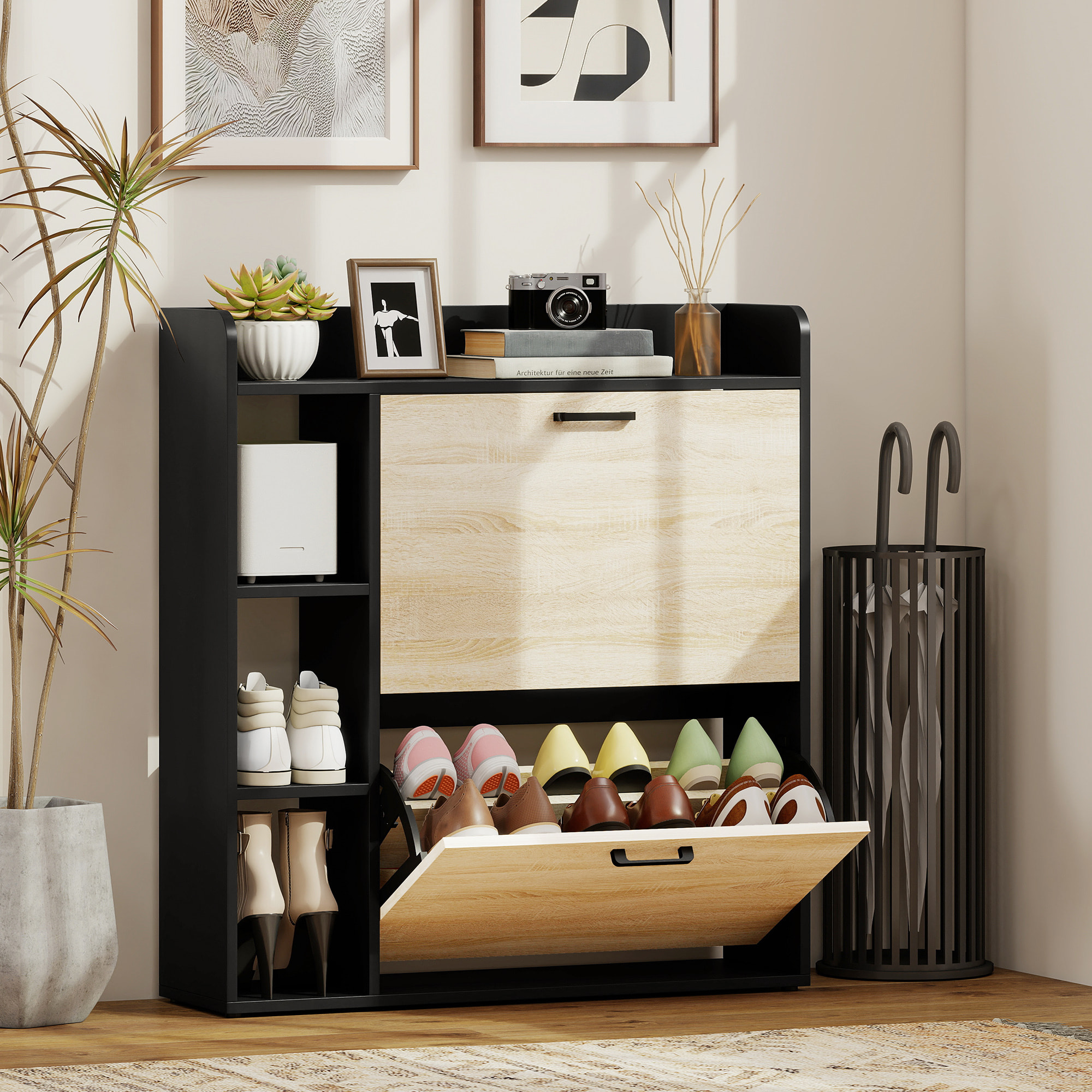 Zapatero Estrecho 2 Puertas, Zapatero Entrada Recibidor con 3 Estantes Laterales y Estantes Ajustables, para 15 Pares de Zapatos, para Pasillo, Espacio Reducido, 83x24x90,5 cm, Natural y Negro