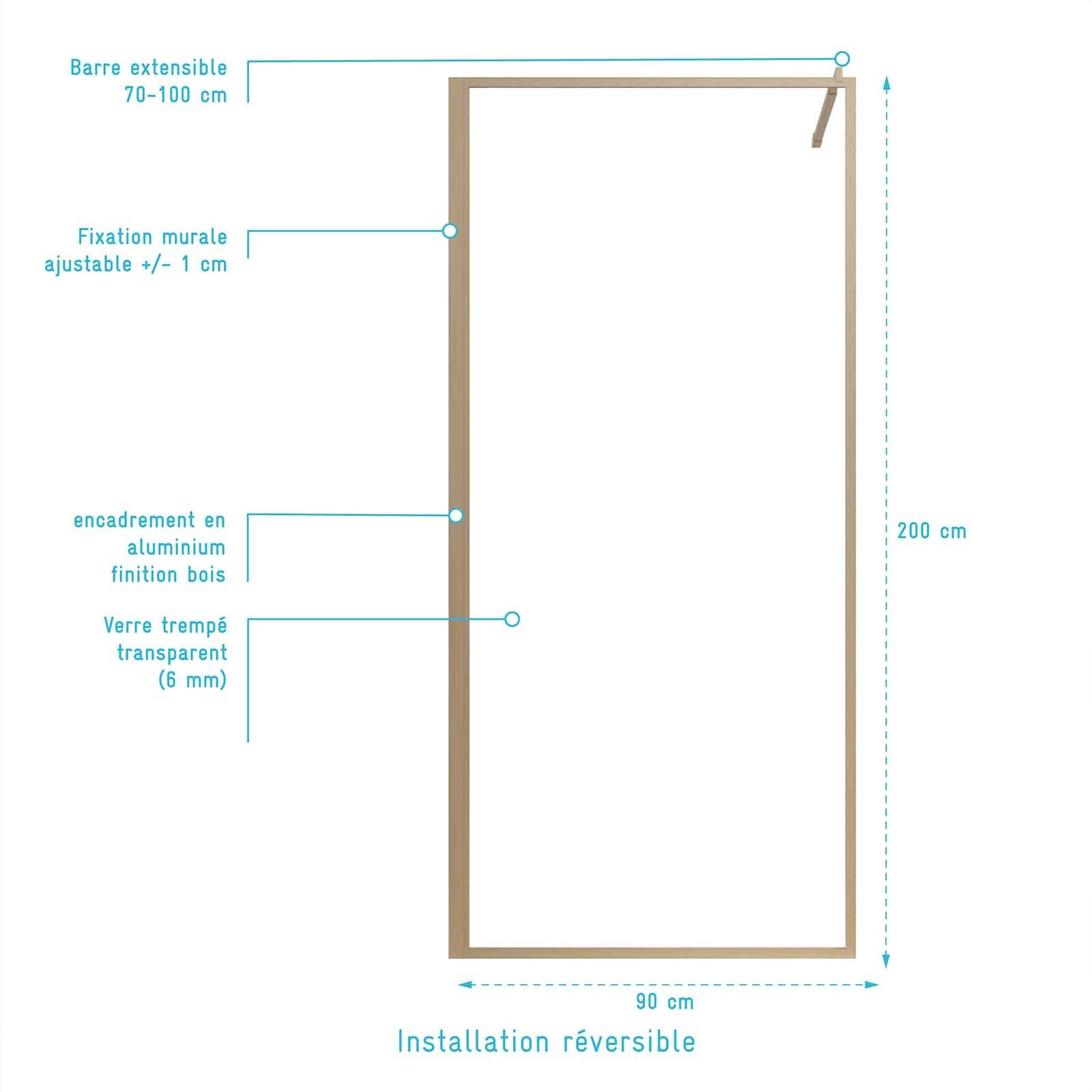Paroi de Douche 90x200 cm - Cadre et Bras Aluminium Décor Bois - WOODEN CONTOURING