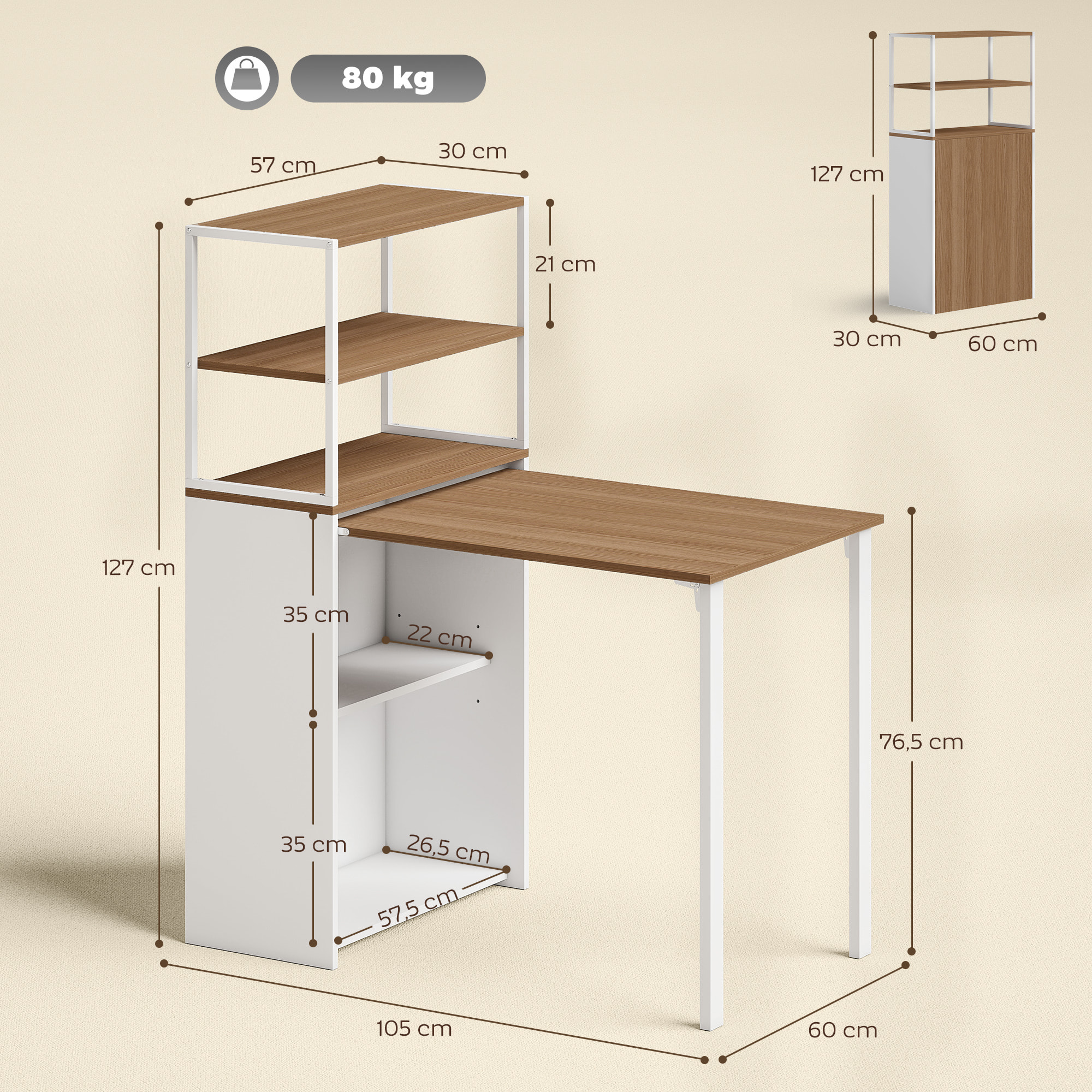 Escritorio Plegable con Estantería, Mesa de Escritorio con 4 Estantes, Mesa de Ordenador para Espacios Pequeños, Estudio, Oficina en Casa, 105x60x127 cm, Natural