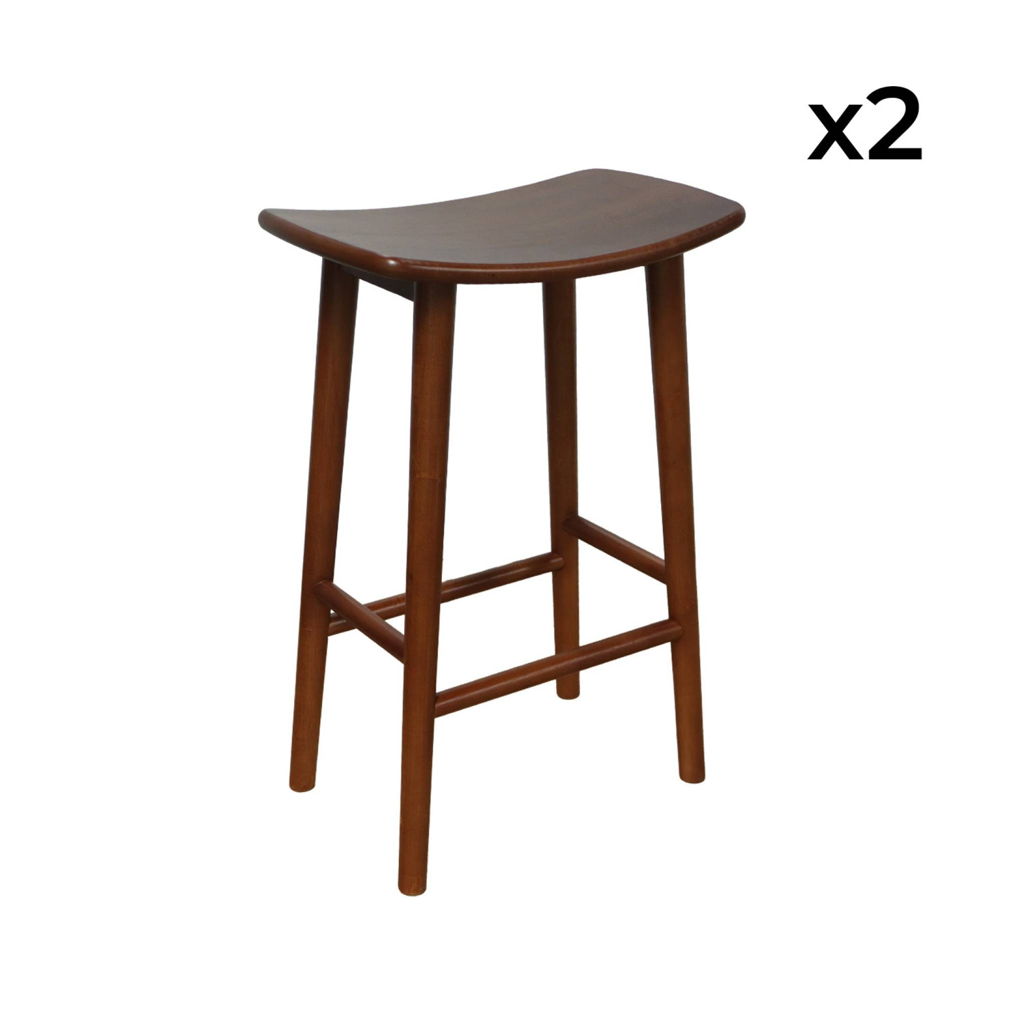 Lot de 2 tabourets de bar vintage bois d'hévéa teinte noyer - 46 x 31 x 68 cm - Louna