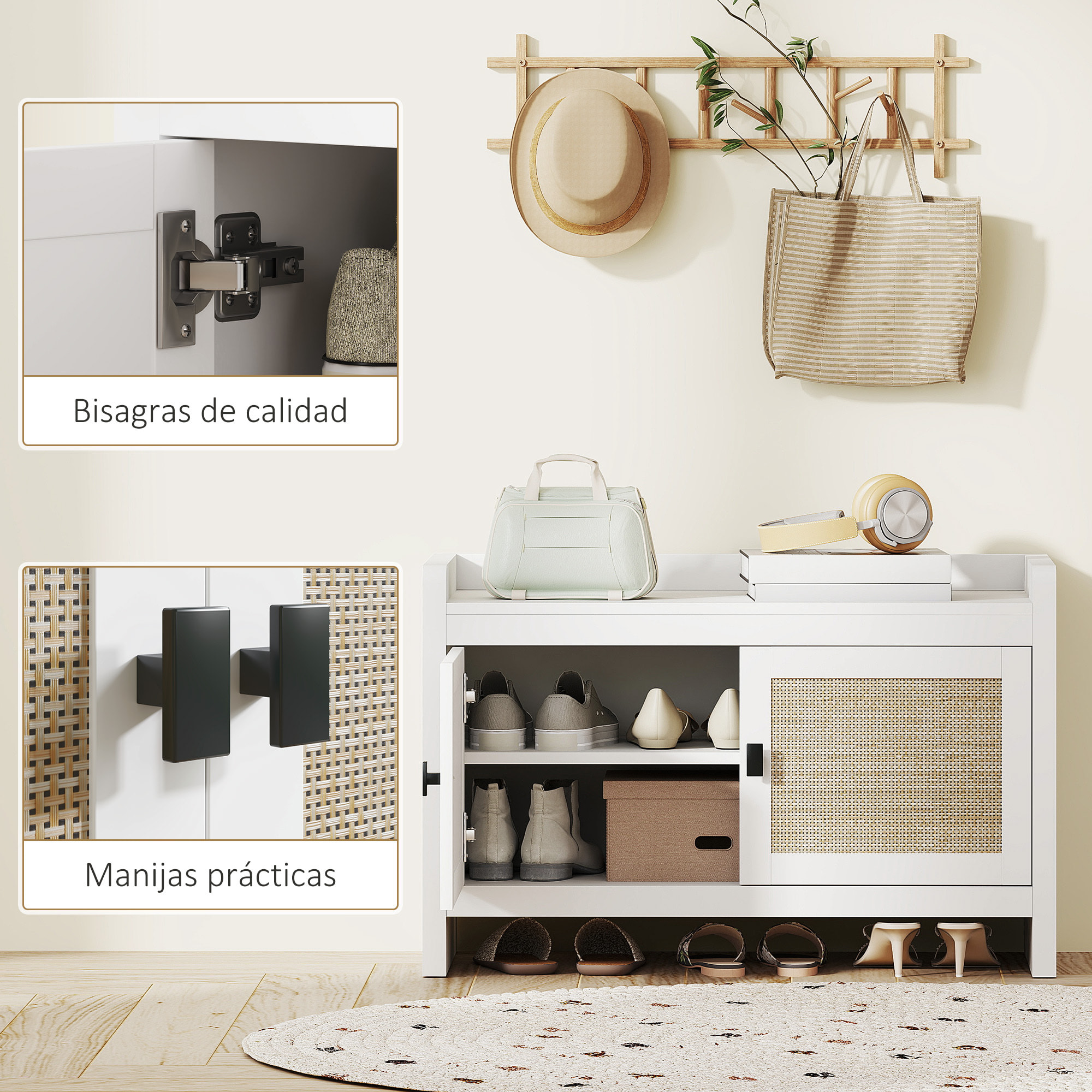 Banco Zapatero Mueble Zapatero Banco de Almacenamiento Bohemio con Puertas Frentes de Ratán Estante Extraíble para 8 Pares de Zapatos para Entrada Dormitorio 80x35x52 cm Blanco