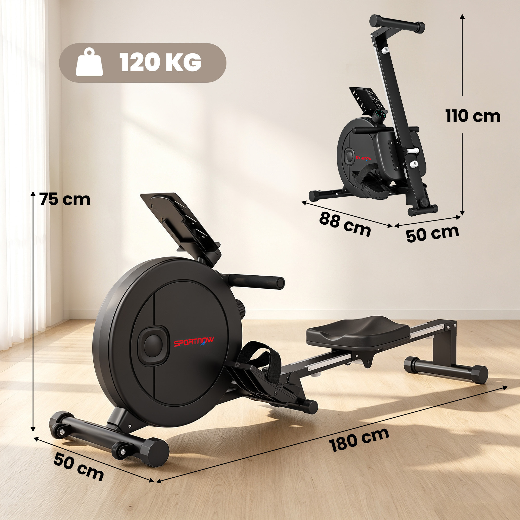 Rameur magnétique pliable bluetooth connecté Kinomap & Zwift écran LCD noir