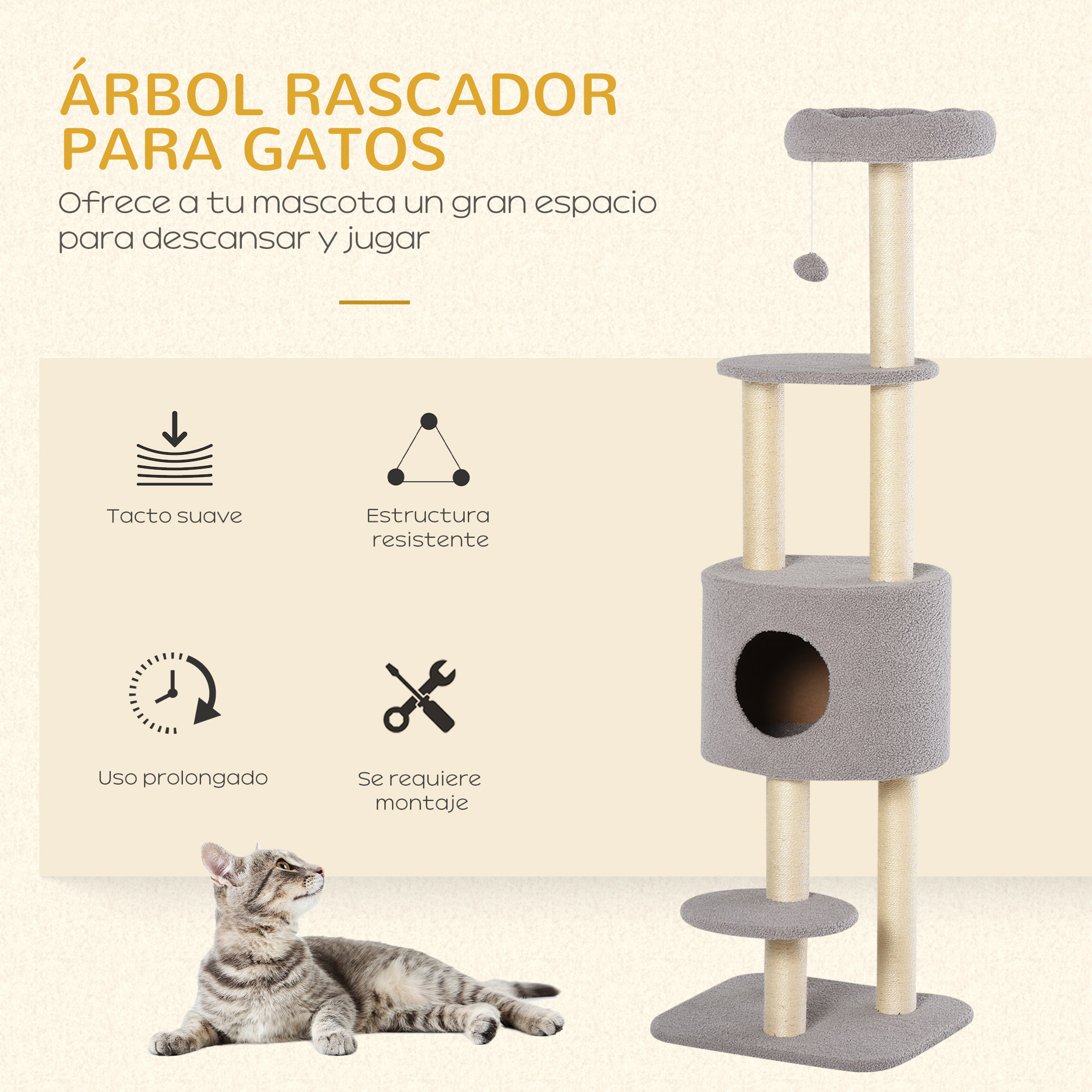 árbol Rascador para Gatos Altura 148 cm árbol para Gatos Torre para Gatos con Postes de Sisal 3 Plataformas Casita y Bola Colgante Gris