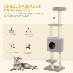 árbol Rascador para Gatos Altura 148 cm árbol para Gatos Torre para Gatos con Postes de Sisal 3 Plataformas Casita y Bola Colgante Gris