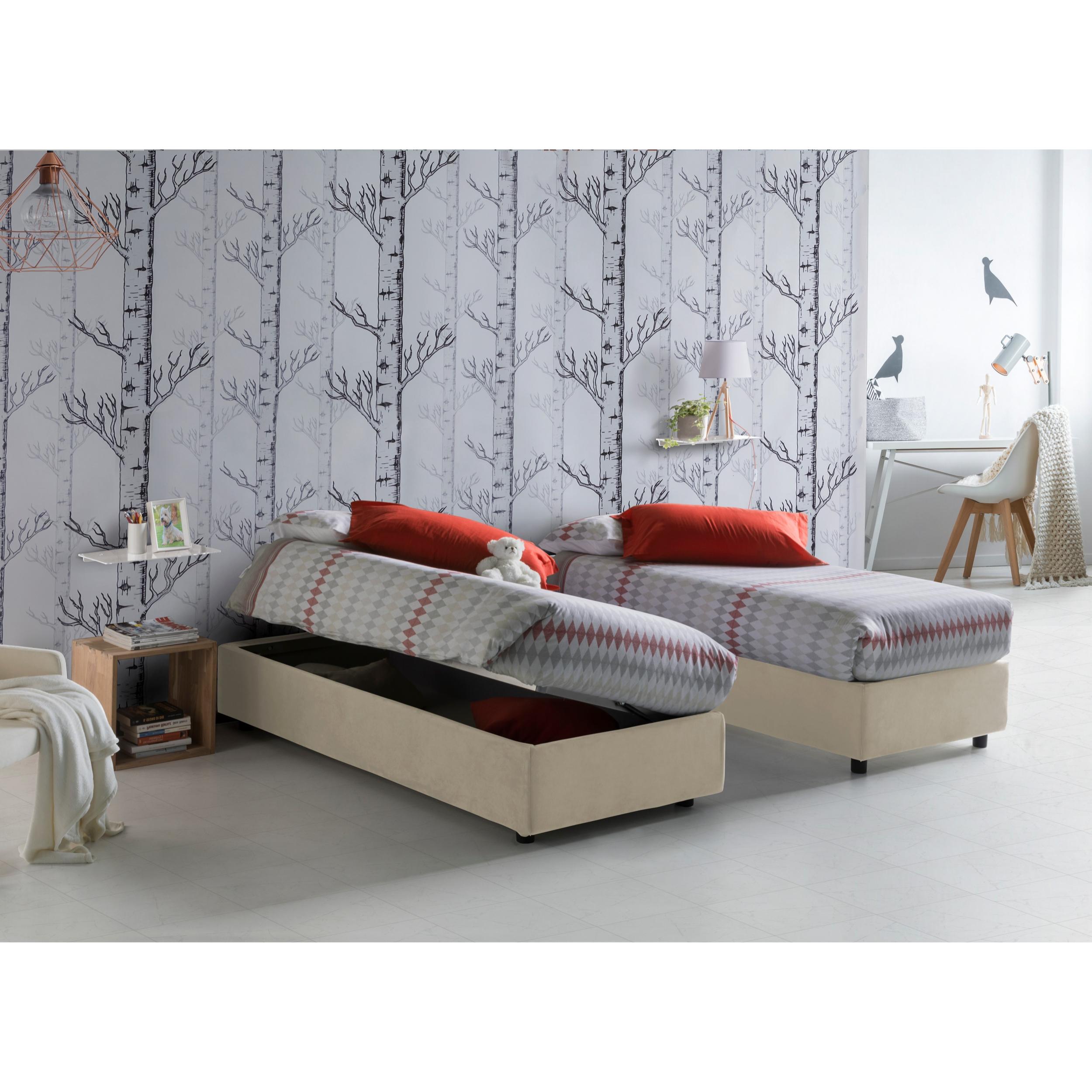 Letto singolo Diana, Letto contenitore con rivestimento in tessuto, 100% Made in Italy, Apertura laterale, con materasso Cm 80x190 incluso, Beige