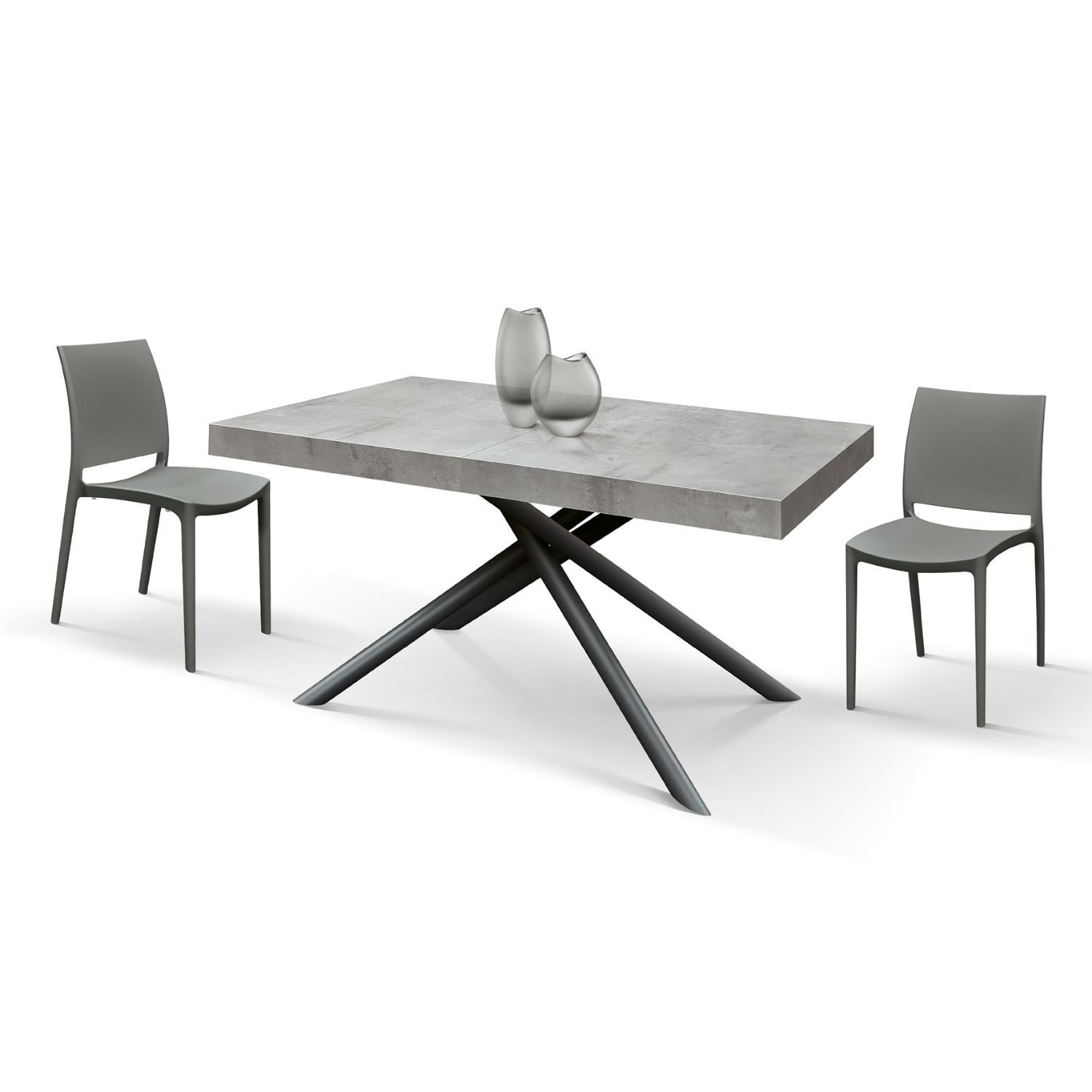 Tavolo CARRARA in legno, finitura grigio cemento e base in metallo verniciato antracite, allungabile 180×90 cm – 260×90 cm