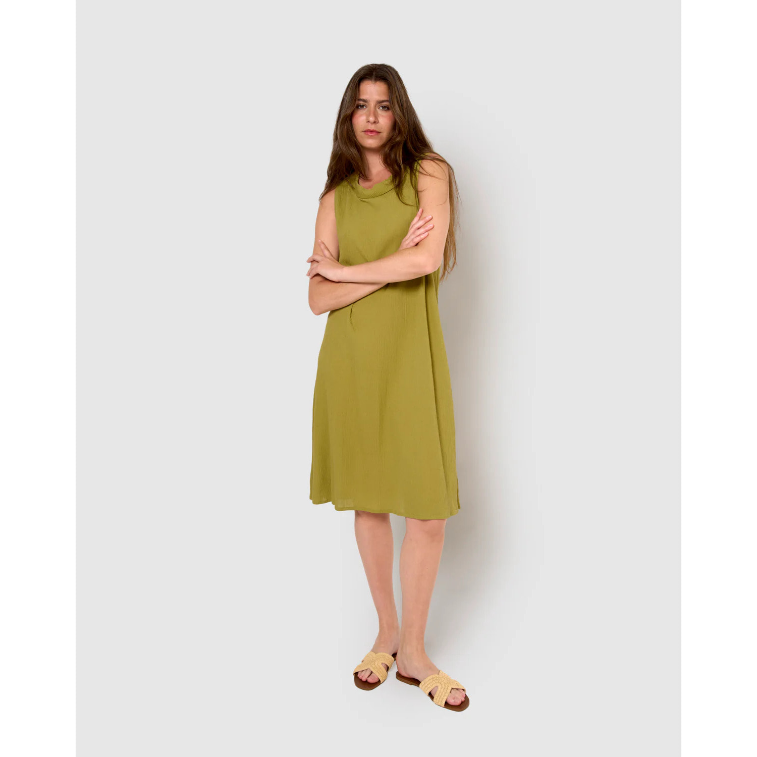 Vestido midi cuello drapeado algodón lino limón