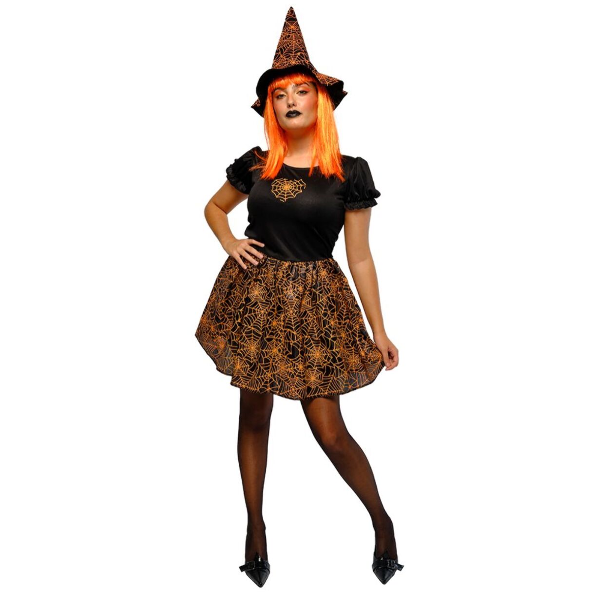 DISFRAZ BRUJA SPIDERWEB NEON NARANJA AD
