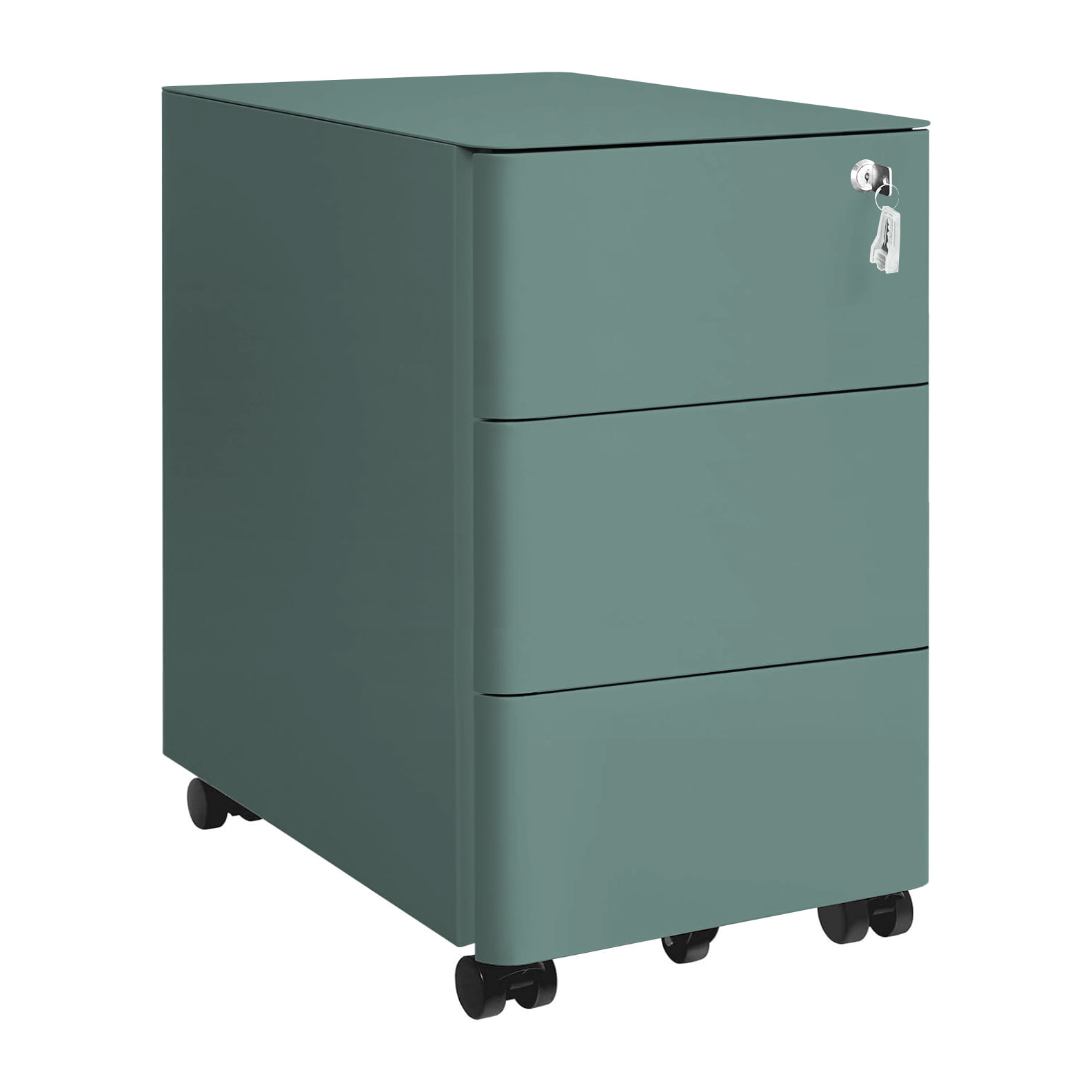 Cassettiera da ufficio in acciaio verdone 3 cassetti con serratura e ruote 30x50x54 cm - Riley
