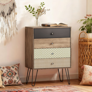 Cómoda 4 Cajones, Cómoda Dormitorio, con Patas de Horquilla de Acero, Cajonera para Salón, Oficina, Estilo Bohemio, 60x39x86 cm, Multicolor