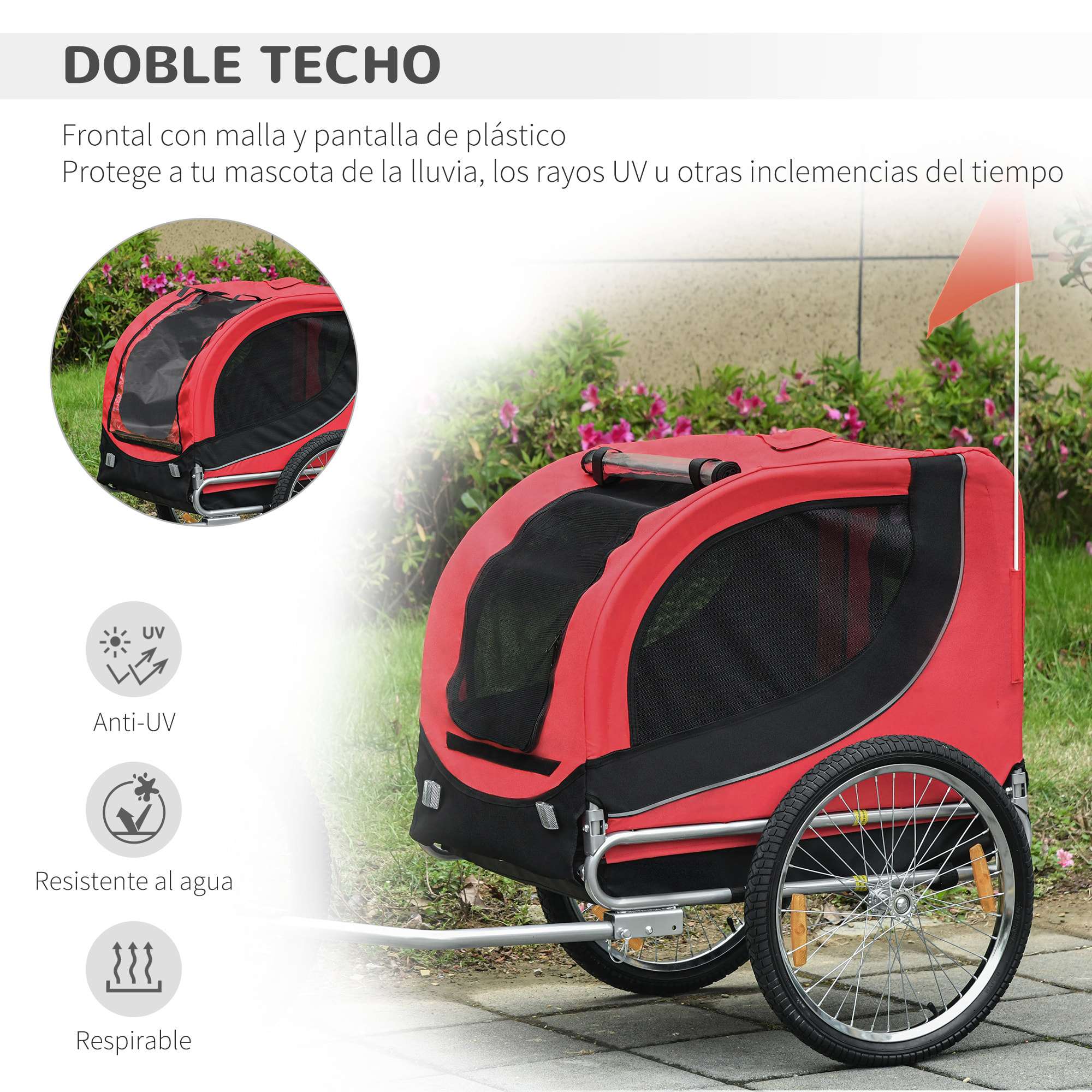 Remolque Bici Mascota de Oxford 130x73x90cm Rojo y Negro