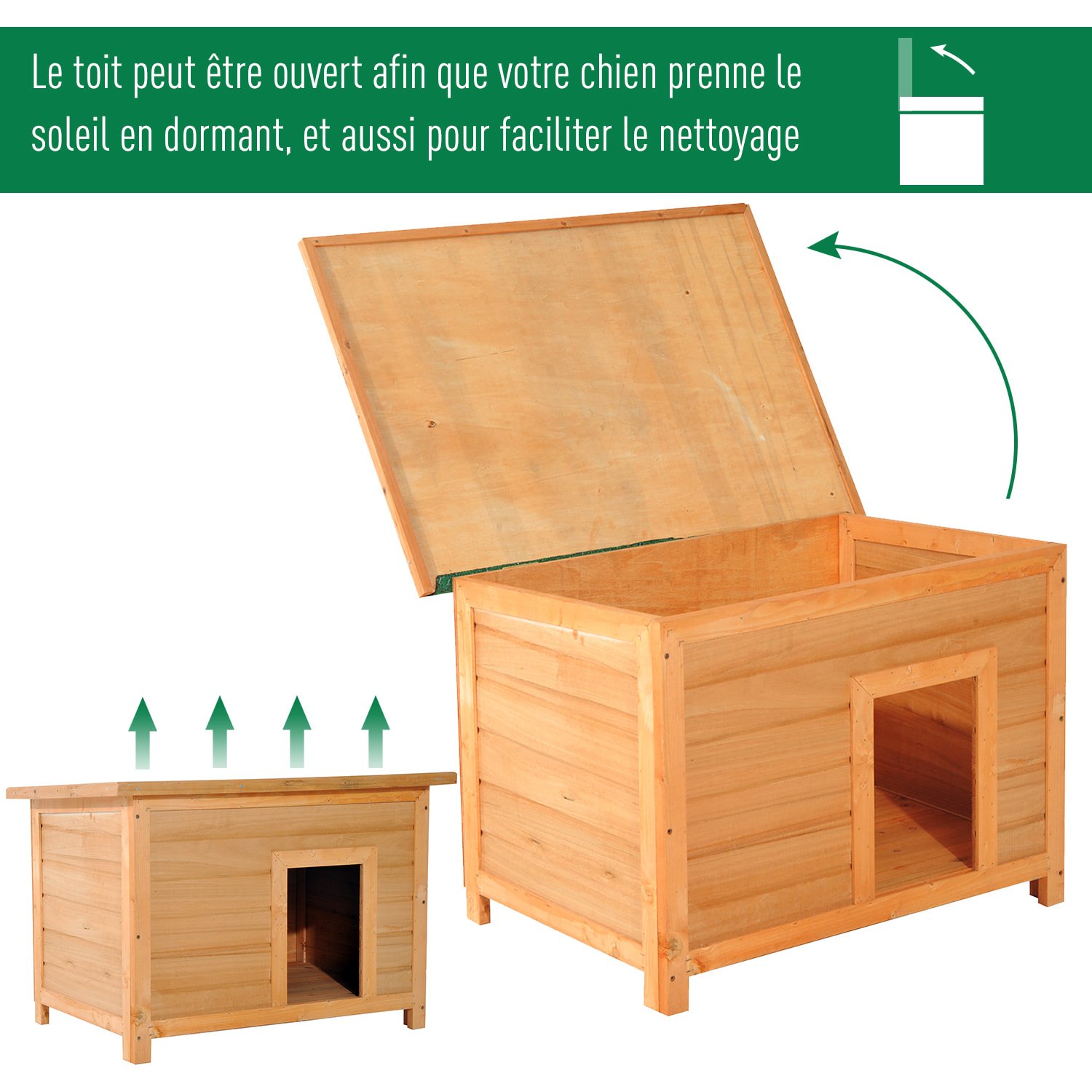 Niche chien sur pied dim. 85L x 58l x 58H cm - toit ouvrant bitumé vert - bois sapin pré-huilé