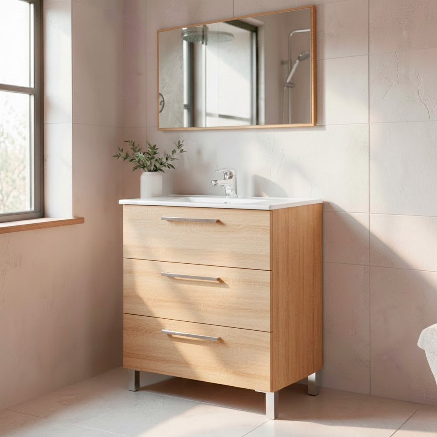 Mobile Bagno A Terra Con 3 Cassetti Lavabo In Ceramica E Specchio 77 x 50 Cm Inclusi Design Moderno Salvaspazio 80 x 45 x 86 Cm Colore Rovere Chiaro