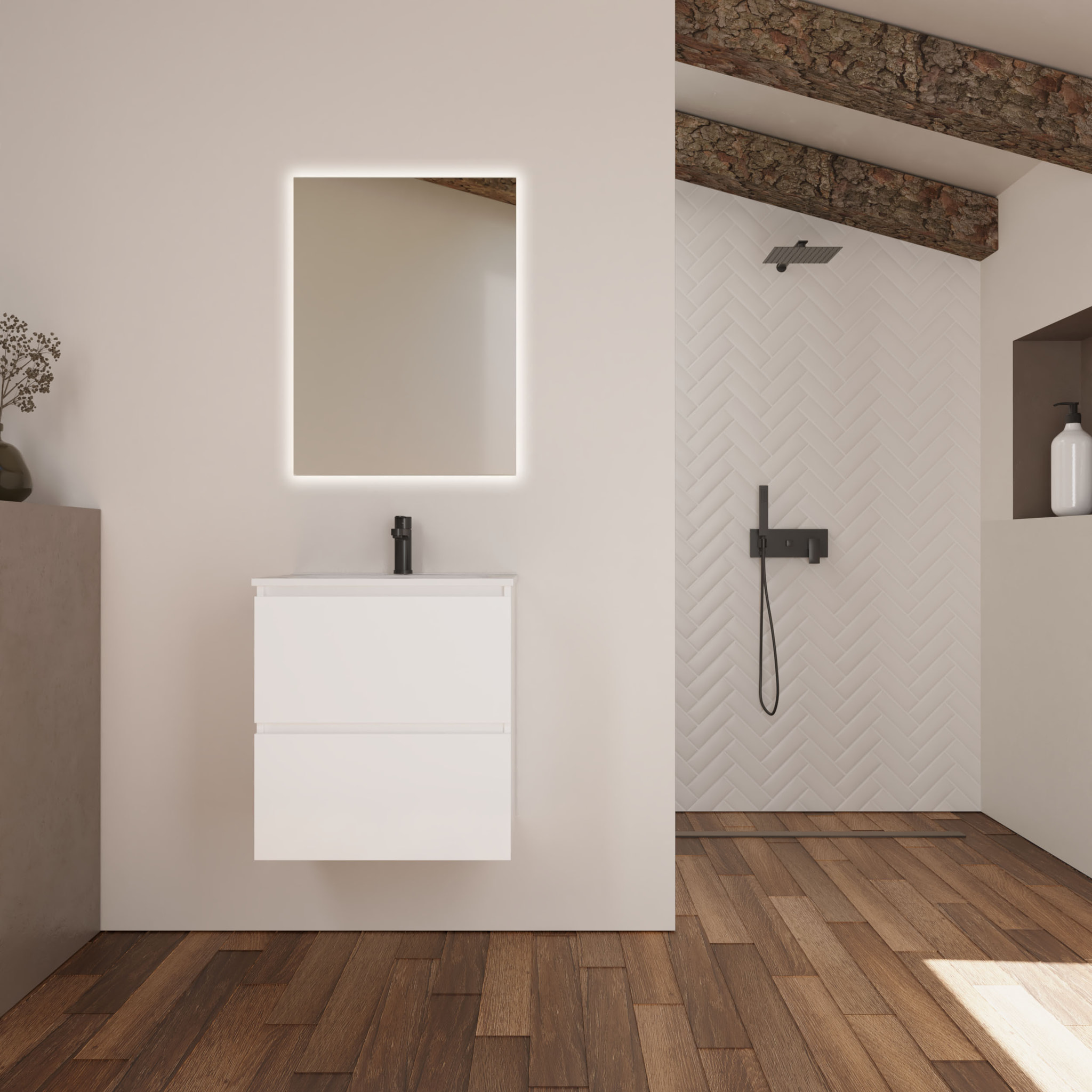 Ensemble Salle de Bain Kaji | 60 cm Blanc | Deux Tiroirs | Lavabo Encastré| N'inclut pas le Miroir | Alday