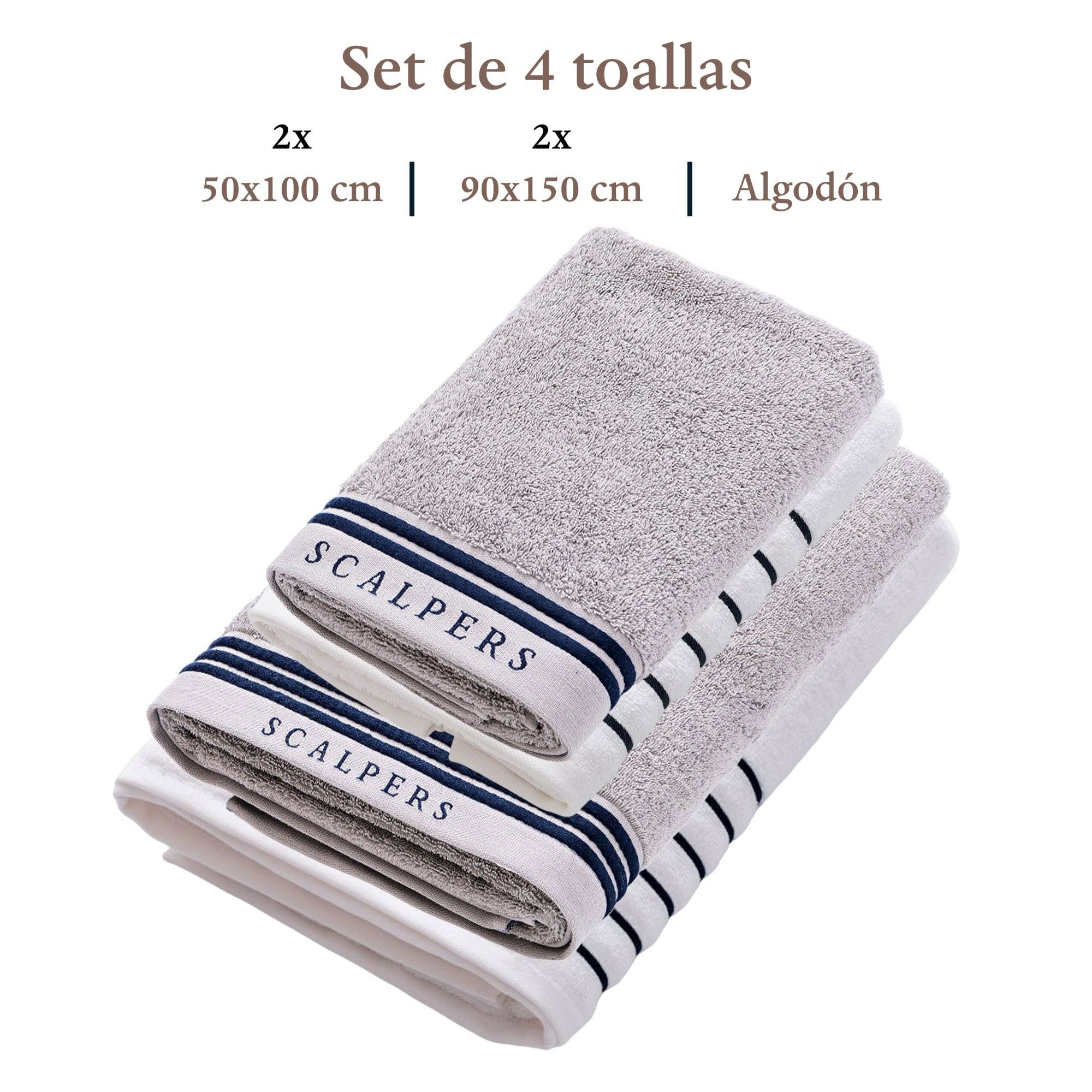 Set de 4 toallas: 2 de lavabo (100x50) y 2 de ducha (150x90), 100% algodón, 470 gsm, juego en gris y en blanco scalpers home