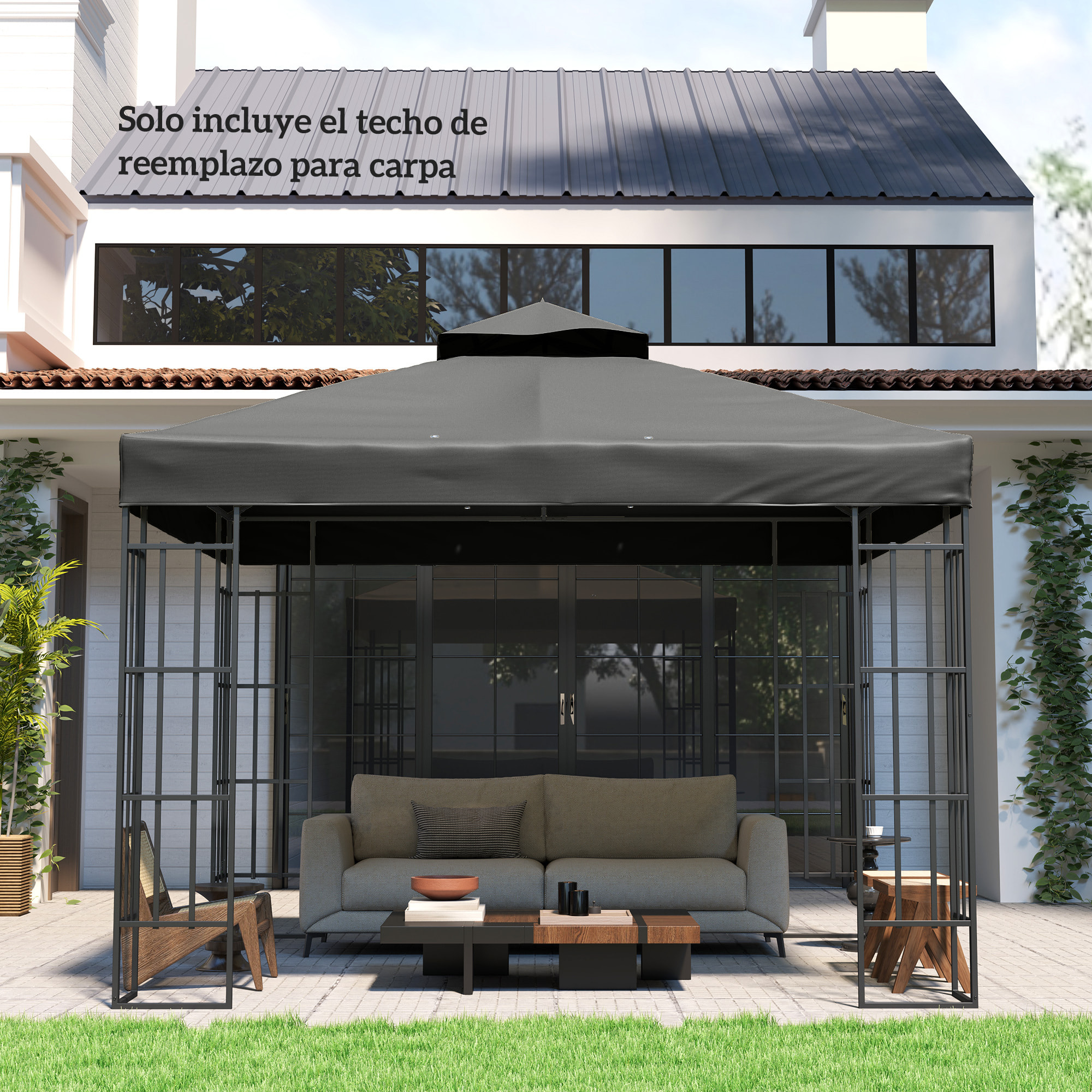 Techo de Repuesto para Cenador, 3x3 m, Cubierta de Repuesto con Techo Doble, Orificios de Drenaje y Protección UPF30+, SOLO Toldo de Recambio para Pabellón Gazebo, Gris Oscuro