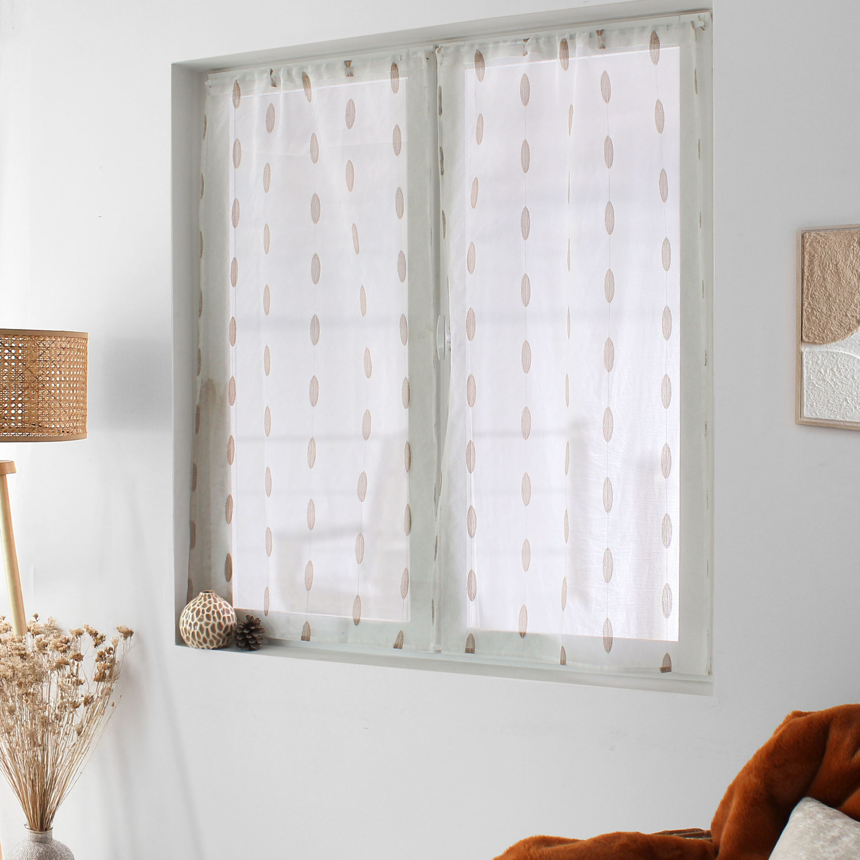 Paire de petits vitrages jacquard motif ovale - Naturel