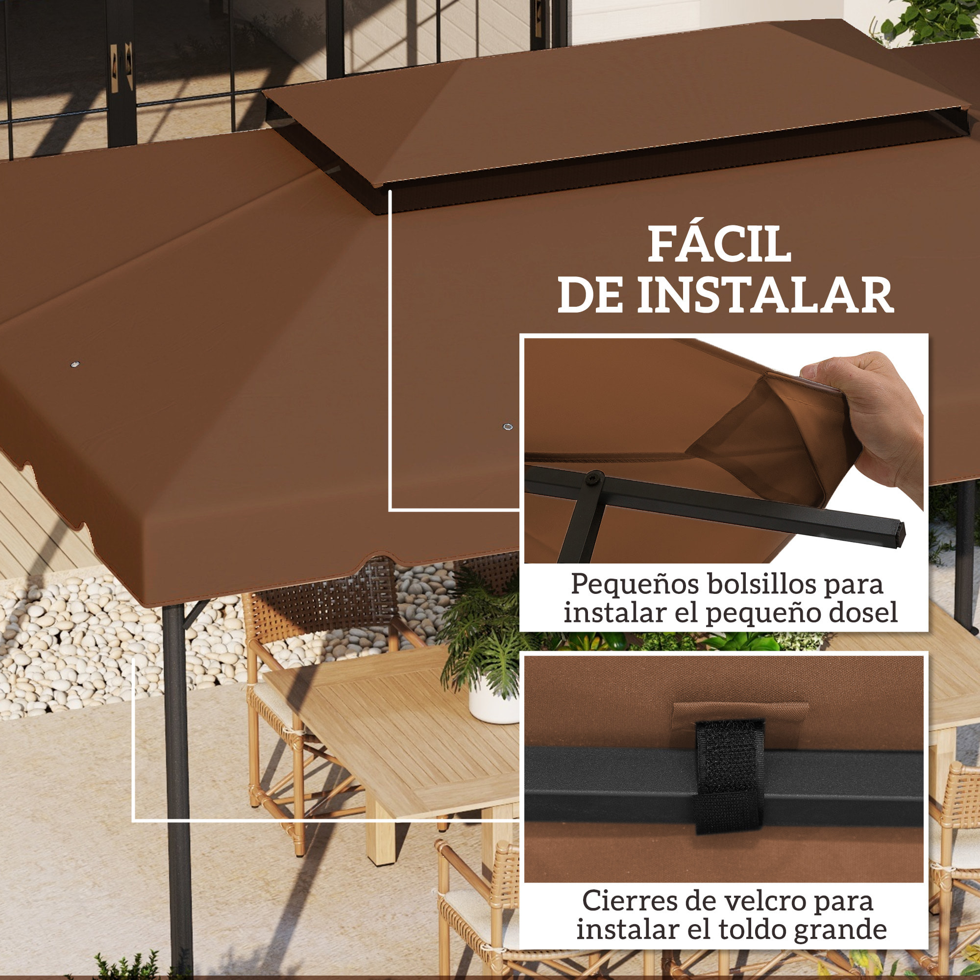 Techo de Repuesto para Cenador, 4x3 m, Cubierta de Repuesto con Doble Techo, 8 Orificios de Drenaje, SOLO Toldo de Recambio para Pabellón Gazebo, Café