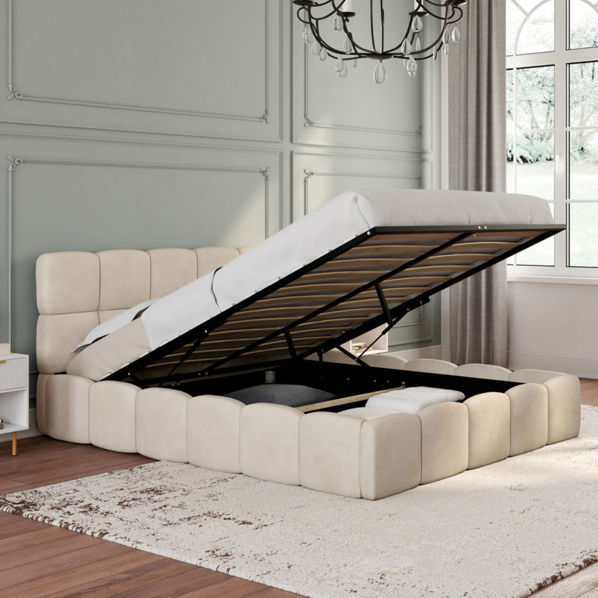 Lit coffre Bubble 140x190cm velours beige