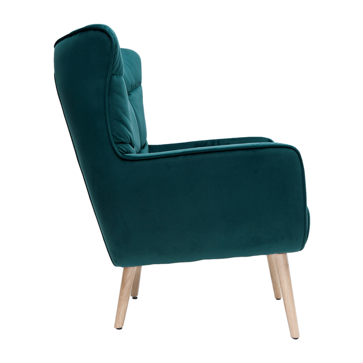 Fauteuil scandinave en tissu velours bleu pétrole et bois clair AVERY
