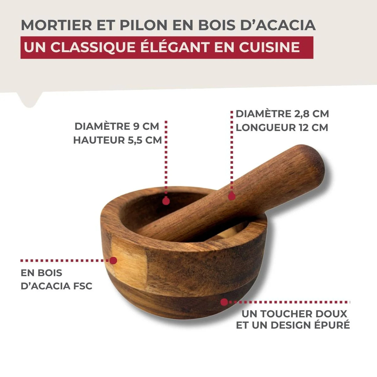 Mortier avec pilon 9 cm en Bois d'Acacia Fackelmann