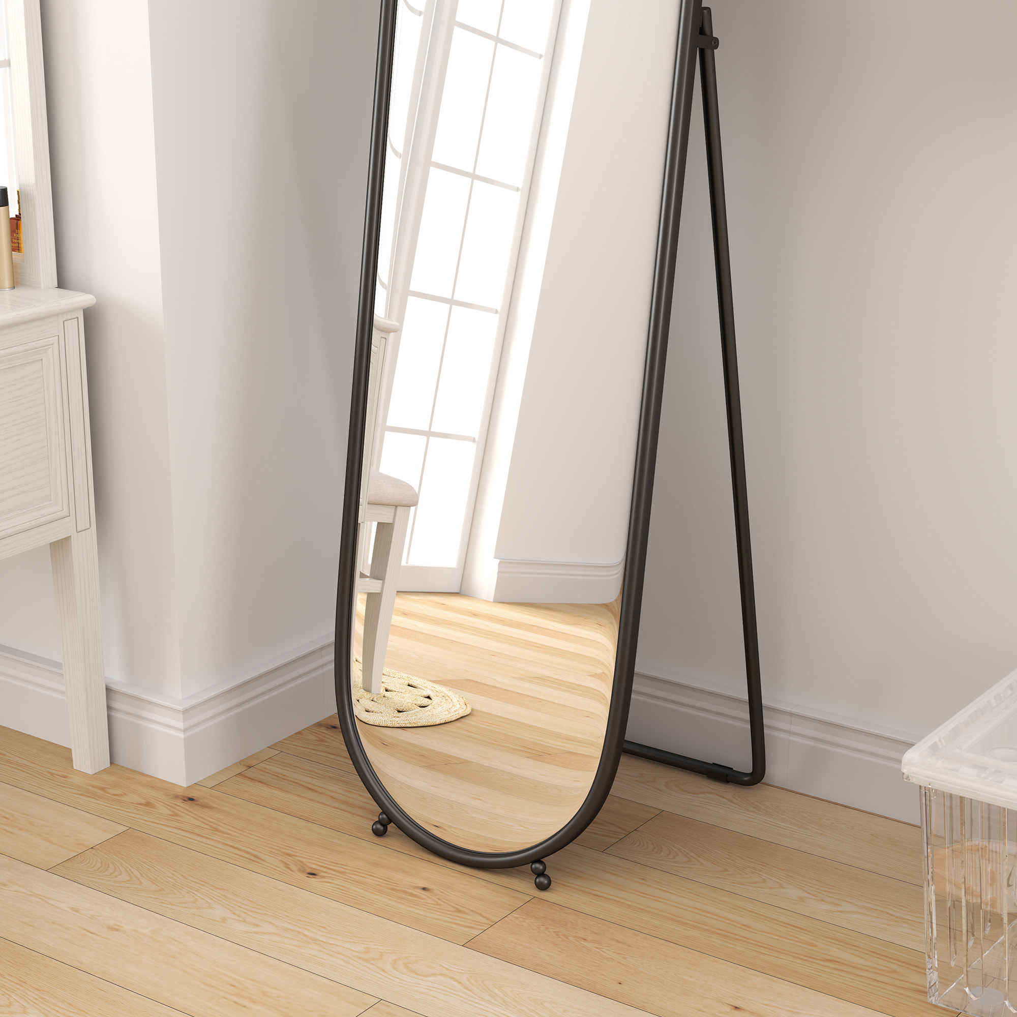 Grand miroir sur pied - miroir mural ovale avec support - dim. 40L x 160H cm - métal noir