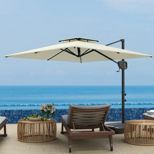 Parasol déporté carré 2,5 x 2,5 m avec base de lestage - inclinaison réglable - métal époxy tissu crème