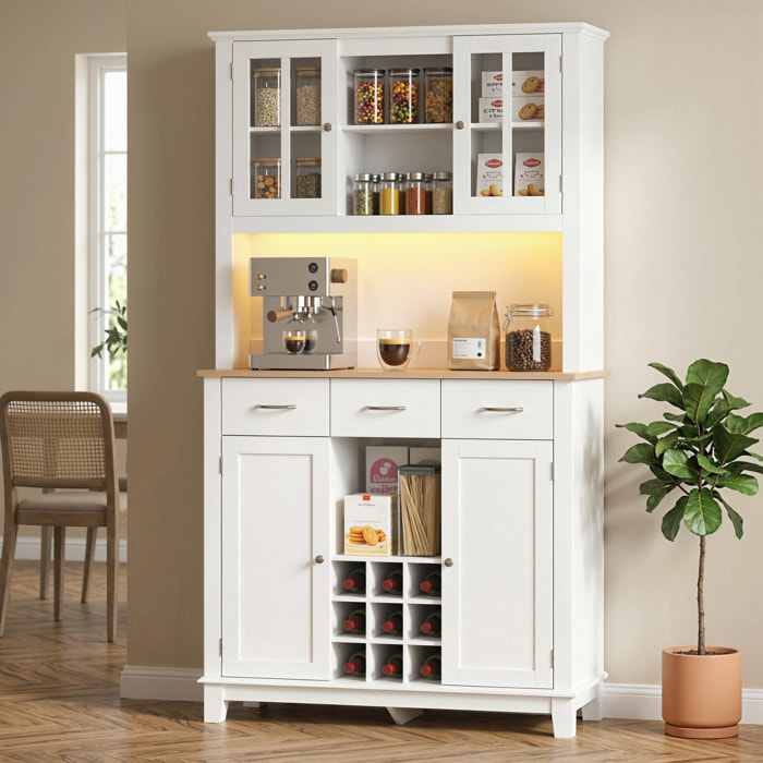 Alacena de Cocina con Iluminación LED Control por APP, Armario Cocina Alta con Encimera para Microondas, Botellero, Puertas de Vidrio, Estantes Abiertos, 3 Cajones, Estantes Ajustables, Blanco