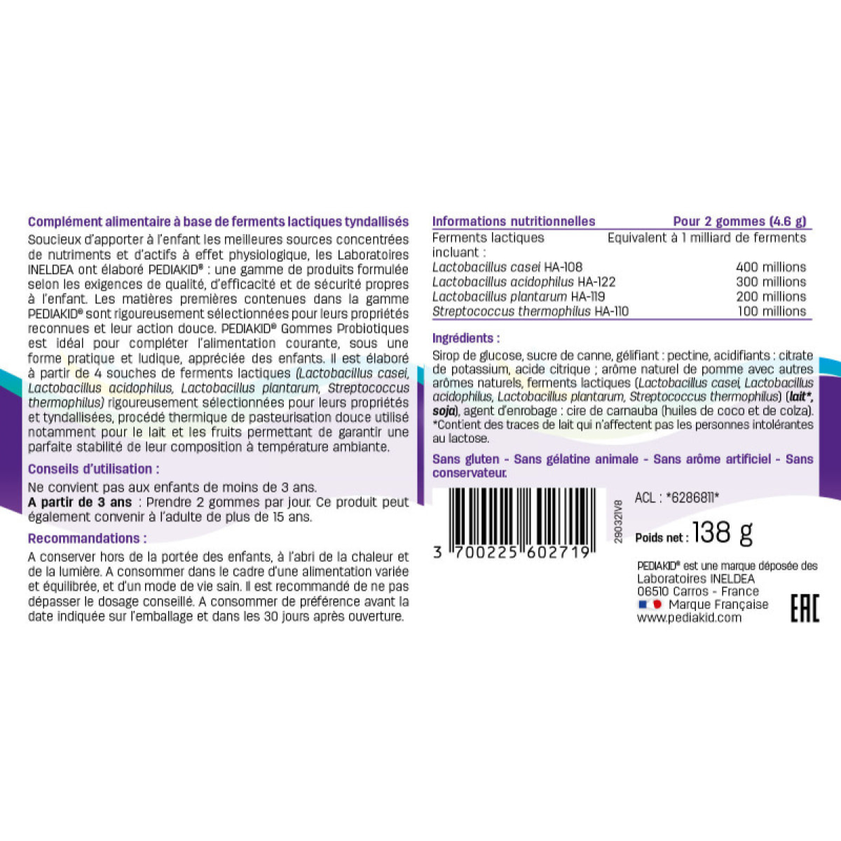 PEDIAKID - Gommes P'tit Biotic - Formule Naturelle au Délicieux Arôme de Pomme - Contribue à Enrichir la Flore Intestinale - Soutient les Défenses de l'Organisme - Lot de 2 piluliers