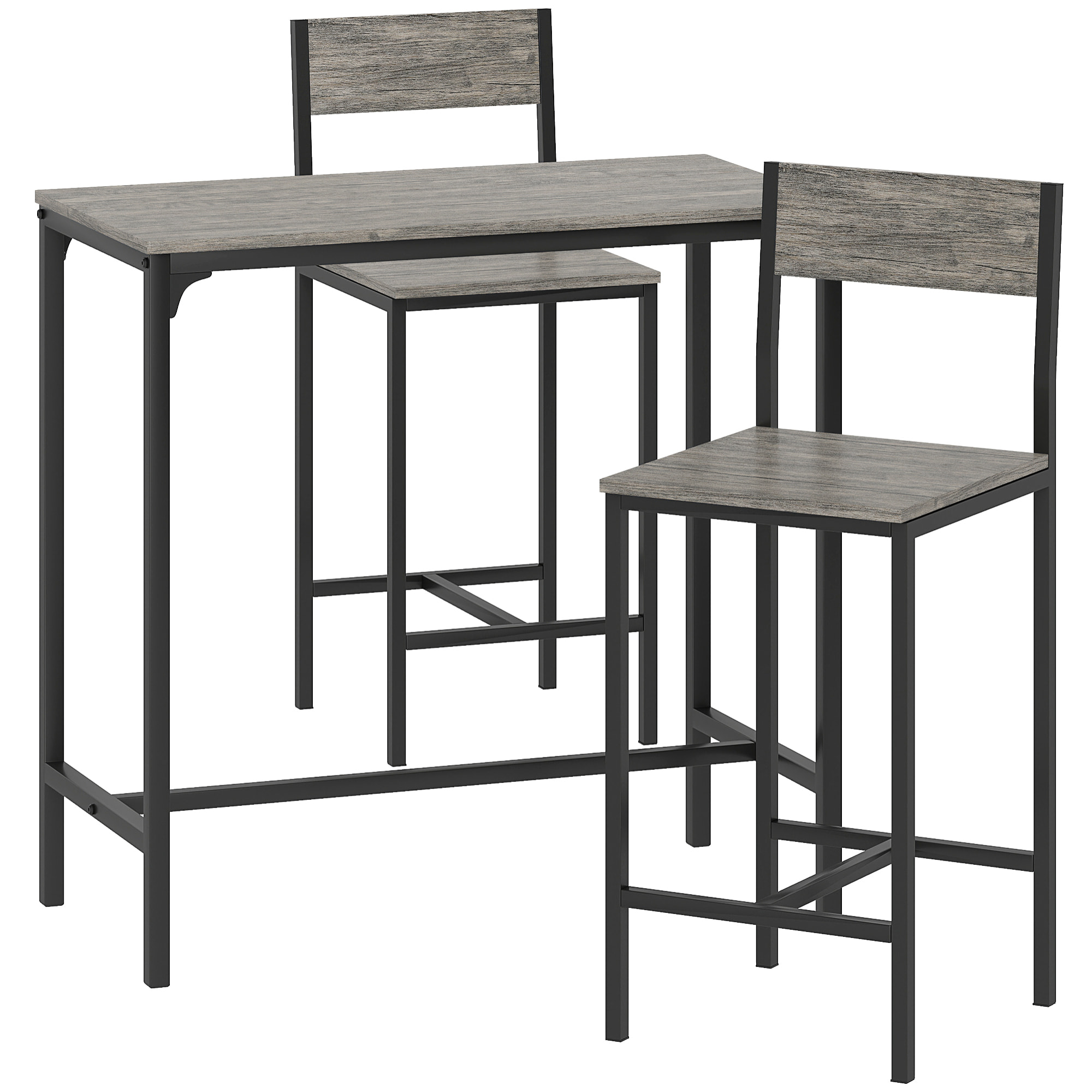Ensemble table de bar 2 tabourets métal noir effet bois gris