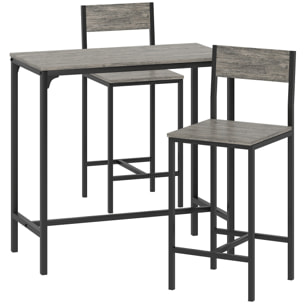 Ensemble table de bar 2 tabourets métal noir effet bois gris
