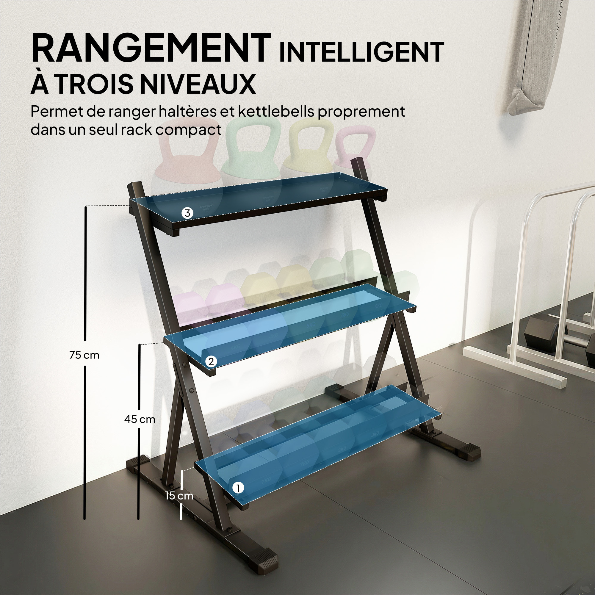 Support pour haltères 3 niveaux réglable acier noir