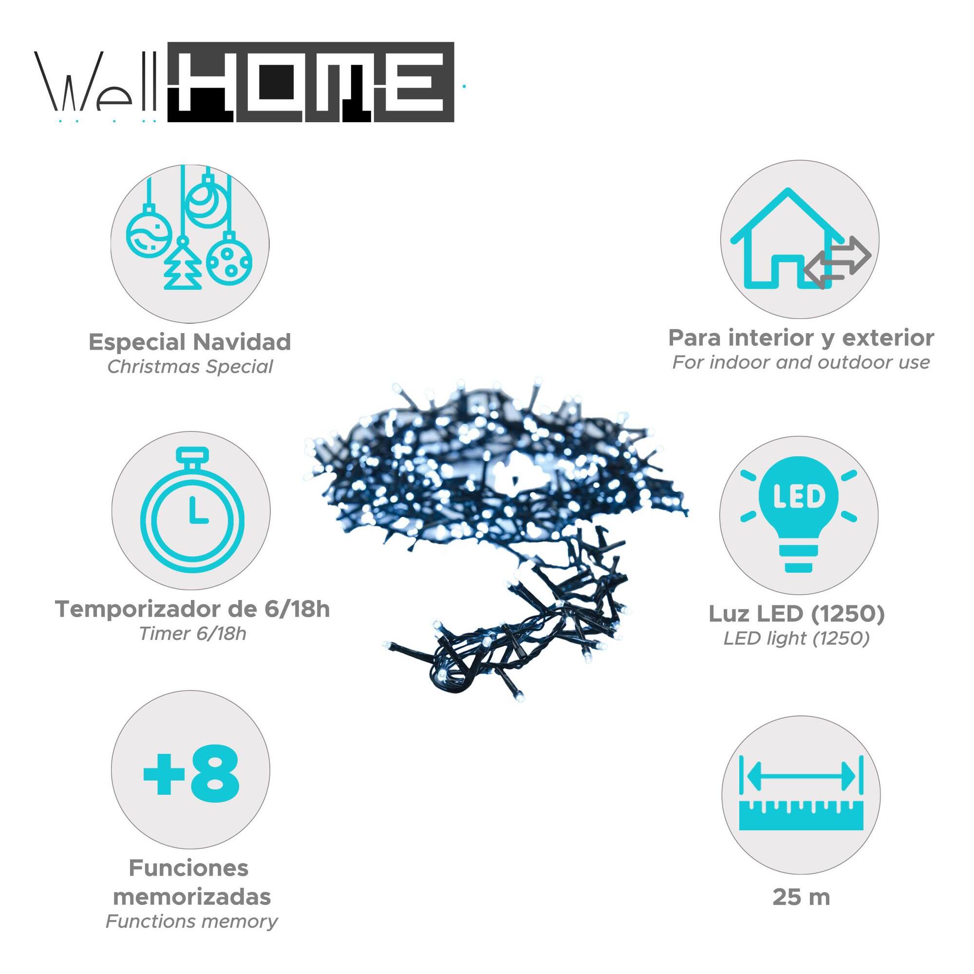 luces de navidad de 1250 luces led blanco con cable de 25 metros y temporizador