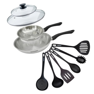 Set 2 poêles 20 et 28 cm en inox, couvercles verre et 6 ustensiles Fackelmann Geneva