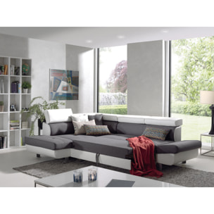Lisbona - Canapé d'angle gauche convertible - 5 places - avec têtières - Blanc / Gris
