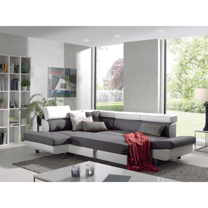 Lisbona - Canapé d'angle gauche convertible - 5 places - avec têtières - Blanc / Gris